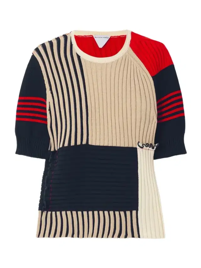 Patchwork Ruffled Striped Ribbed Cotton Sweater