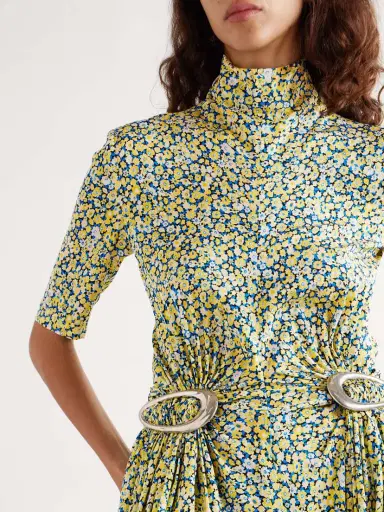 Bottega Veneta Embellished Gathered Pleated Floral-print Crepe Turtleneck Midi Dress | Thumbnail 5