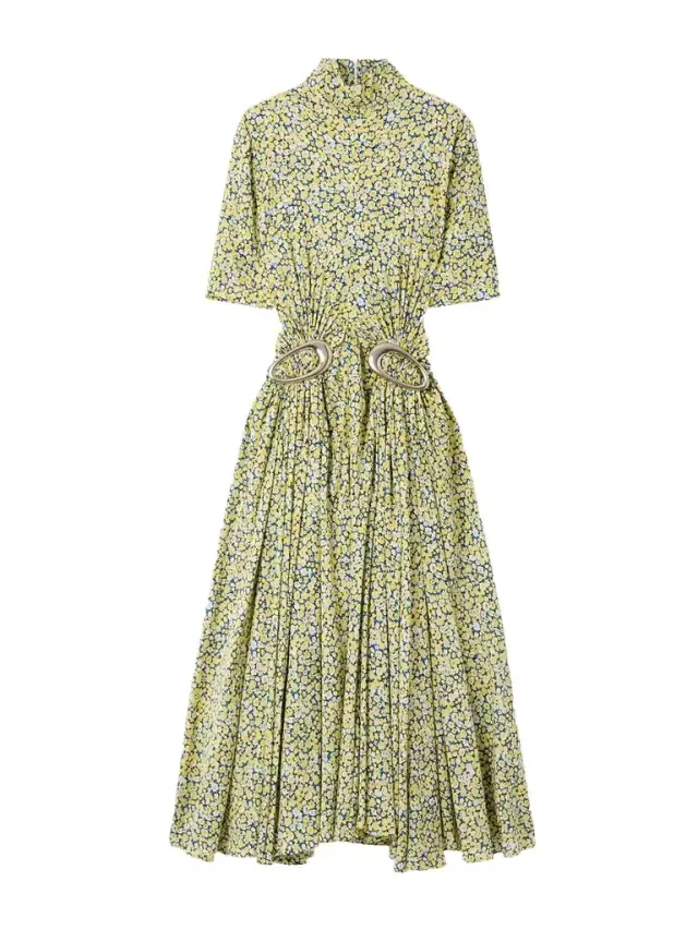 Embellished Gathered Pleated Floral-print Crepe Turtleneck Midi Dress