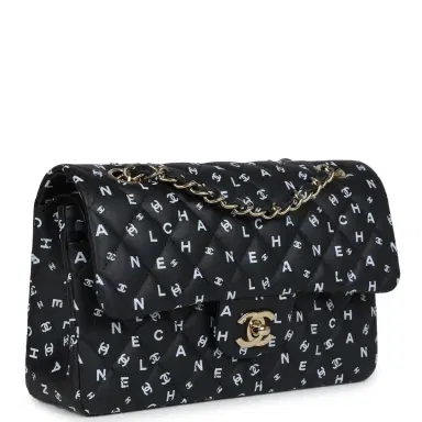 Chanel Chanel Small Classic Double Logo Printed Flap Bag Black/White Calfskin Gold Hardware | Thumbnail 2 Chanel Chanel Small Classic Double Logo Printed Flap Bag Black/White Calfskin Gold Hardware | Thumbnail 2