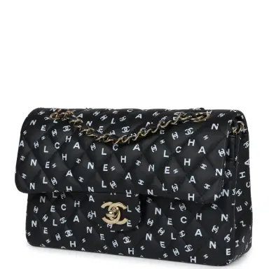 Chanel Chanel Small Classic Double Logo Printed Flap Bag Black/White Calfskin Gold Hardware | Thumbnail 3 Chanel Chanel Small Classic Double Logo Printed Flap Bag Black/White Calfskin Gold Hardware | Thumbnail 3