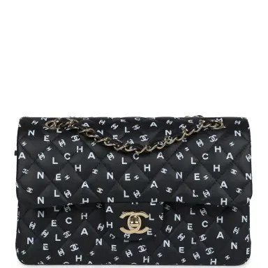 Chanel Chanel Small Classic Double Logo Printed Flap Bag Black/White Calfskin Gold Hardware | Thumbnail 1 Chanel Chanel Small Classic Double Logo Printed Flap Bag Black/White Calfskin Gold Hardware | Thumbnail 1