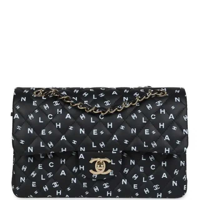 Chanel Chanel Small Classic Double Logo Printed Flap Bag Black/White Calfskin Gold Hardware