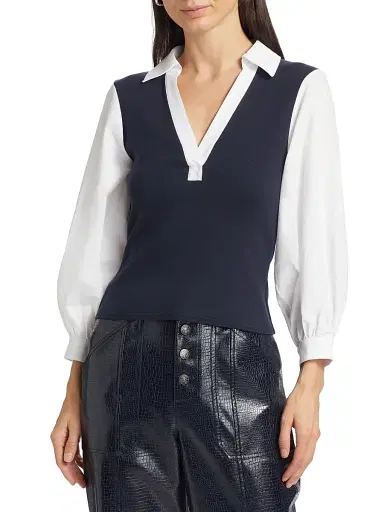 Cinq à Sept Women's Colleen Poplin-Sleeve Top - Navy White - Size XL | Thumbnail 3 Cinq à Sept Women's Colleen Poplin-Sleeve Top - Navy White - Size XL | Thumbnail 3