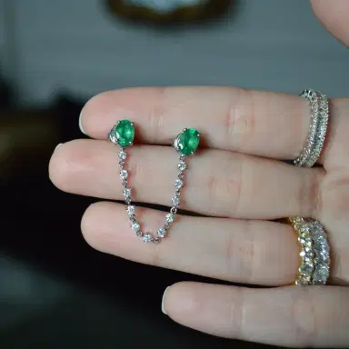Wish Fine Jewelry 1.63ct Diamond Emerald 18K Gold Pear Chain Link Single Earring | Thumbnail 2