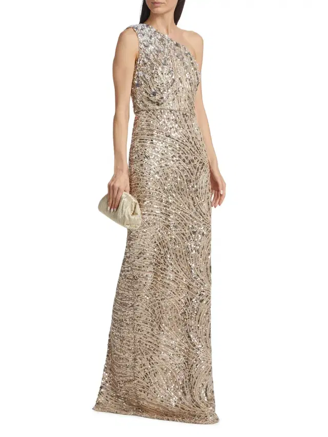 Women's Sequined Swirl One-Shoulder Tulle Gown - Taupe Silver