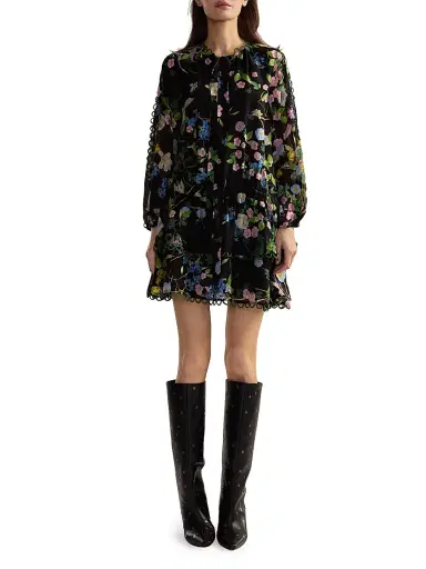 CYNTHIA ROWLEY Women's Floral Silk Dropwaist Ruffled-Hem Minidress - Black Floral - Size Large | Thumbnail 2