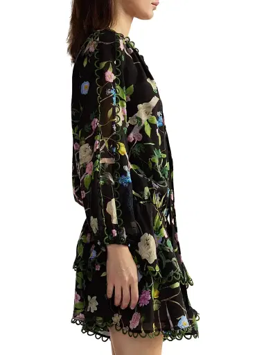 CYNTHIA ROWLEY Women's Floral Silk Dropwaist Ruffled-Hem Minidress - Black Floral - Size Large | Thumbnail 3