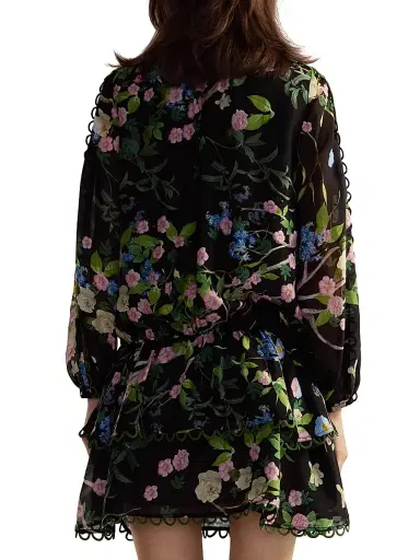 CYNTHIA ROWLEY Women's Floral Silk Dropwaist Ruffled-Hem Minidress - Black Floral - Size Large | Thumbnail 4