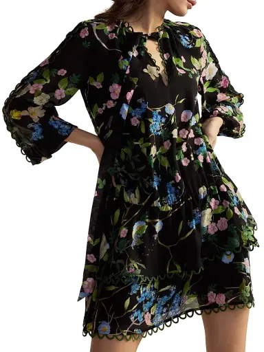 CYNTHIA ROWLEY Women's Floral Silk Dropwaist Ruffled-Hem Minidress - Black Floral - Size Large | Thumbnail 5