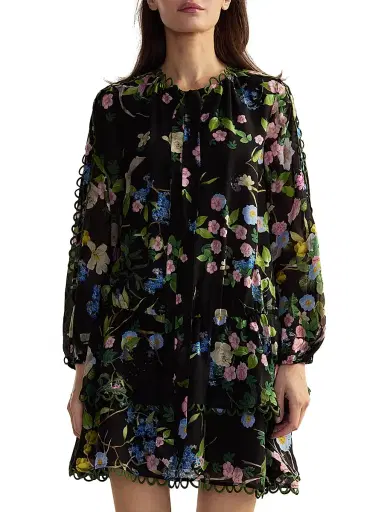 CYNTHIA ROWLEY Women's Floral Silk Dropwaist Ruffled-Hem Minidress - Black Floral - Size Large | Thumbnail 1