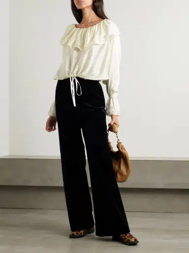 BODE Claret Off-the-shoulder Ruffled Pointelle-trimmed Hammered-silk Blouse | Thumbnail 2