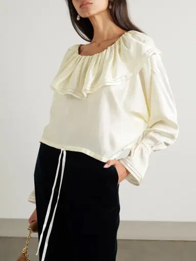 BODE Claret Off-the-shoulder Ruffled Pointelle-trimmed Hammered-silk Blouse | Thumbnail 3