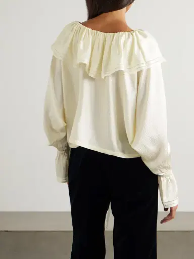 BODE Claret Off-the-shoulder Ruffled Pointelle-trimmed Hammered-silk Blouse | Thumbnail 4