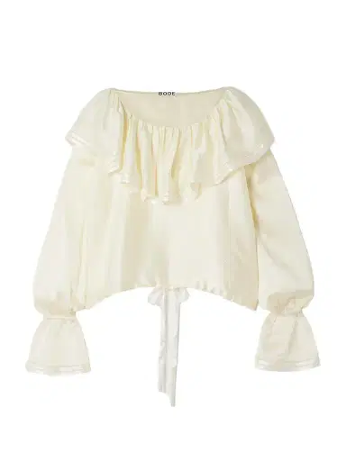 BODE Claret Off-the-shoulder Ruffled Pointelle-trimmed Hammered-silk Blouse | Thumbnail 1