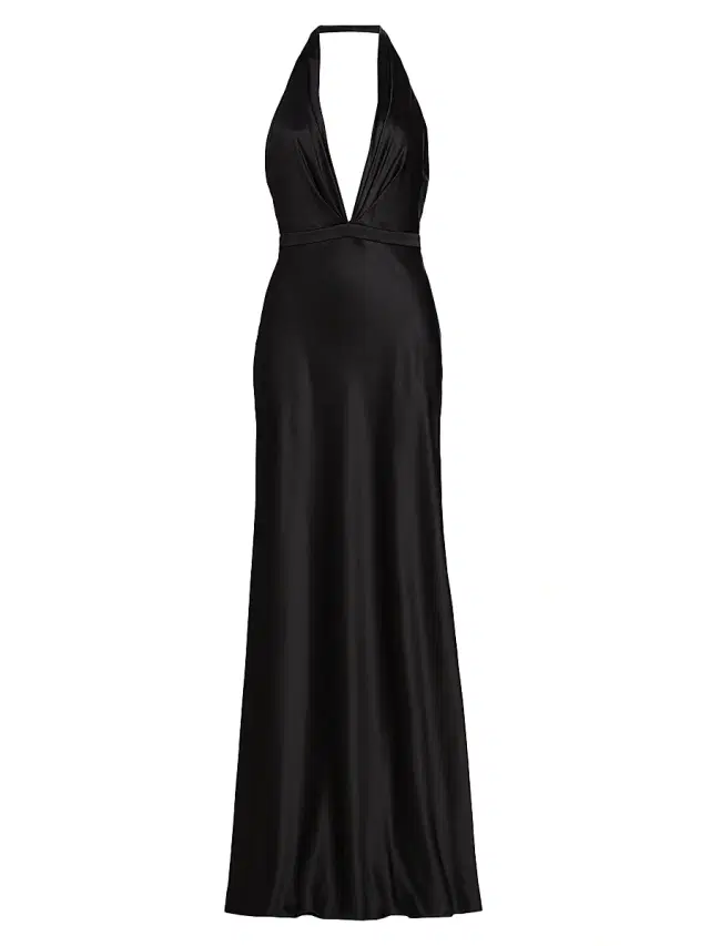 Women's Essy Silk Plunging V-Halterneck Gown - Black