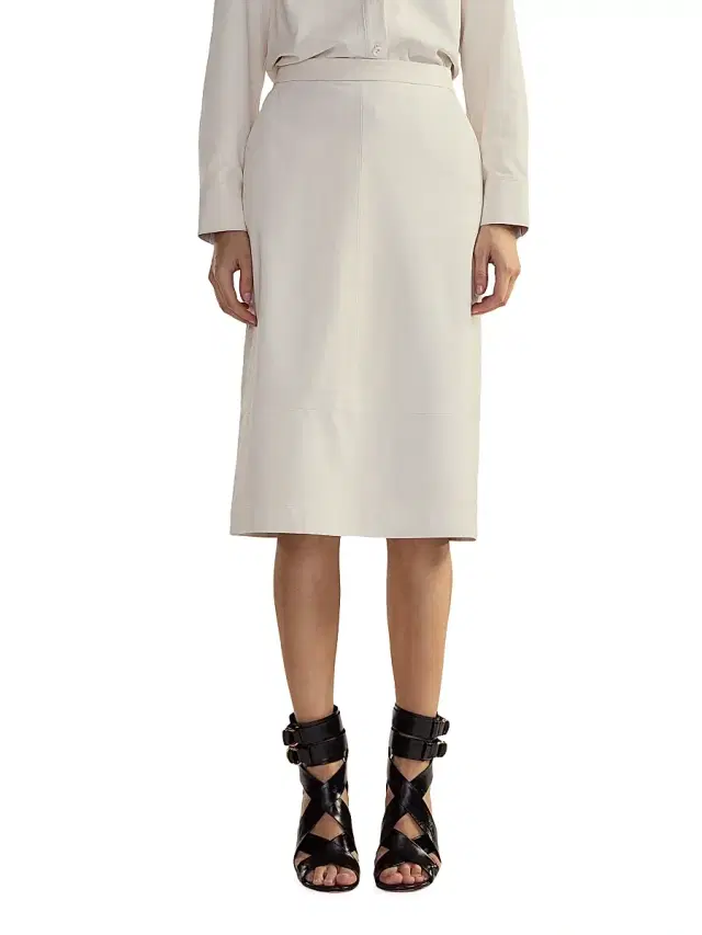 Women's Leather High-Waisted Back-Slit Midi-Skirt - Off White