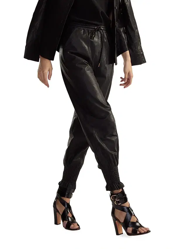 Women's Leather Drawstring Joggers - Black