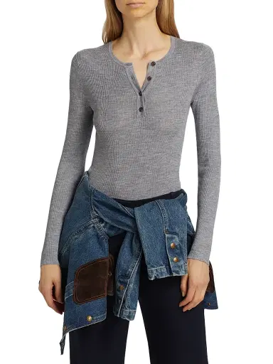 Nili Lotan Women's Klarise Wool-Silk Henley Sweater - Medium Grey Melange - Size XL | Thumbnail 3
