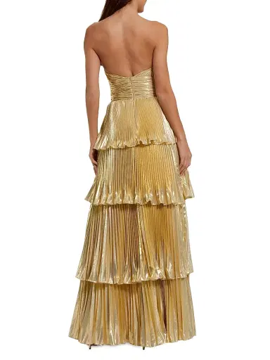 Mac Duggal Women's Metallic Pleated Strapless Tiered Gown - Gold - Size 14 | Thumbnail 2