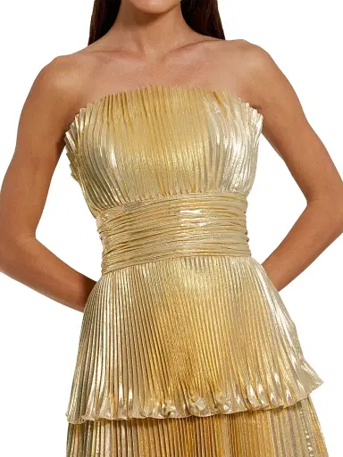Mac Duggal Women's Metallic Pleated Strapless Tiered Gown - Gold - Size 14 | Thumbnail 3