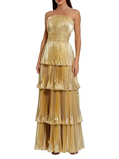 Mac Duggal Women's Metallic Pleated Strapless Tiered Gown - Gold - Size 14 | Thumbnail 1