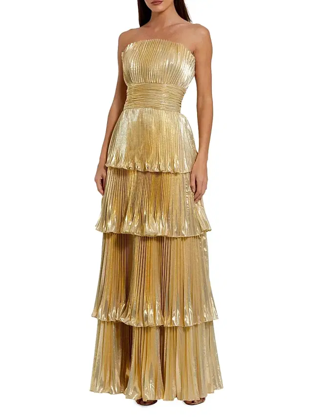Mac Duggal Women's Metallic Pleated Strapless Tiered Gown - Gold