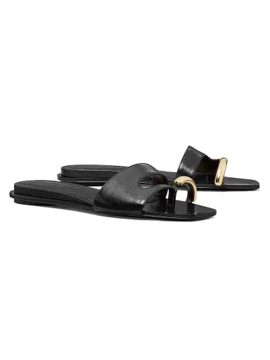 Tory Burch Women's Pierced Leather Slide Sandals - Perfect Black - Size 9.5 | Thumbnail 2