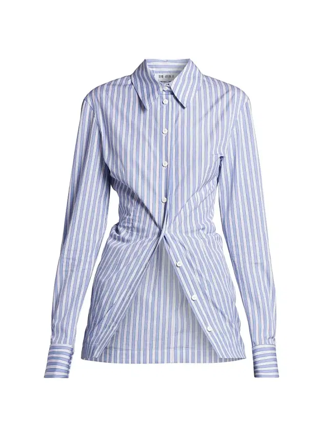 Women's Gathered Striped Cotton Shirt - White Navy Blue