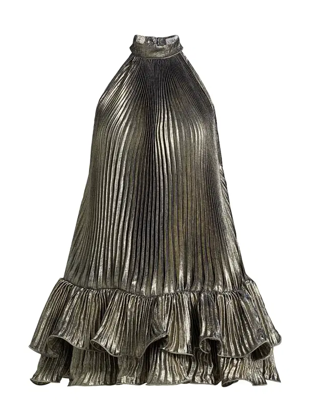 L'Idée Women's La Fete Soleil Metallic Pleated A-Line Minidress - Onyx Shimmer