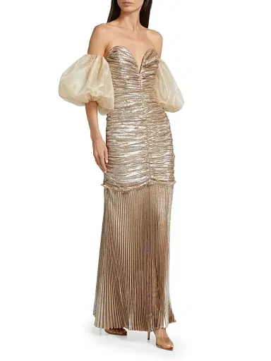 L'Idée Women's La Fete Parlour Metallic Ruched Balloon-Sleeve Gown | Thumbnail 2