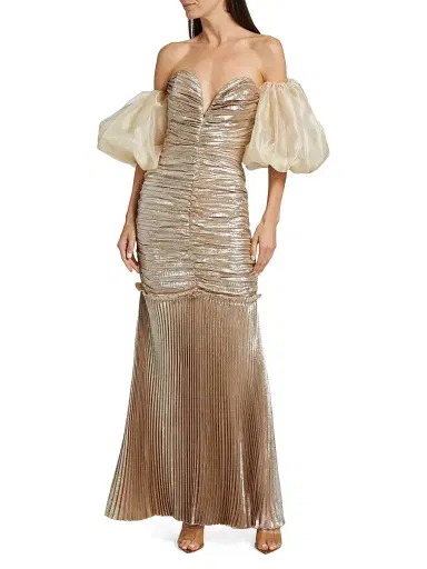 L'Idée Women's La Fete Parlour Metallic Ruched Balloon-Sleeve Gown | Thumbnail 3