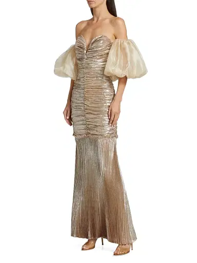 L'Idée Women's La Fete Parlour Metallic Ruched Balloon-Sleeve Gown | Thumbnail 4