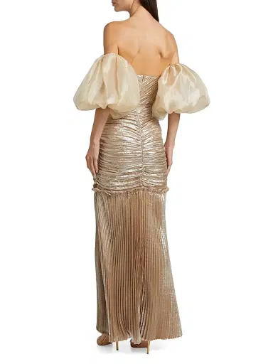 L'Idée Women's La Fete Parlour Metallic Ruched Balloon-Sleeve Gown | Thumbnail 5