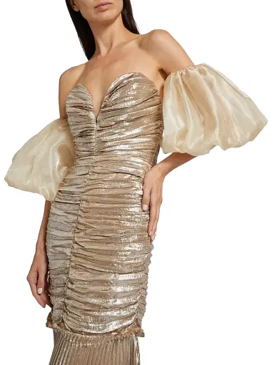 L'Idée Women's La Fete Parlour Metallic Ruched Balloon-Sleeve Gown | Thumbnail 7