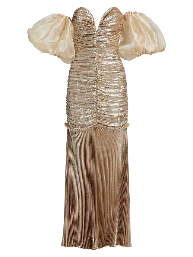 L'Idée Women's La Fete Parlour Metallic Ruched Balloon-Sleeve Gown - Desert Shimmer