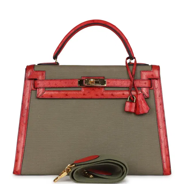 Vintage Hermes Kelly Sellier 32 Rouge Vif Ostrich/Vert Olive Officier Canvas Gold Hardware