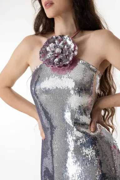Rodarte Flower Detail Halter Gown - Silver Sequin | Thumbnail 3