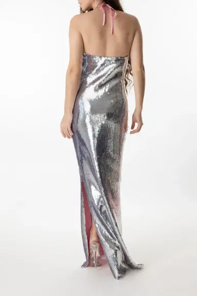 Rodarte Flower Detail Halter Gown - Silver Sequin | Thumbnail 4