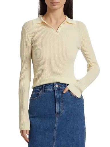 Guest In Residence Women's Shrunken Cashmere Long-Sleeve Polo Shirt - Cream - Size XL | Thumbnail 3