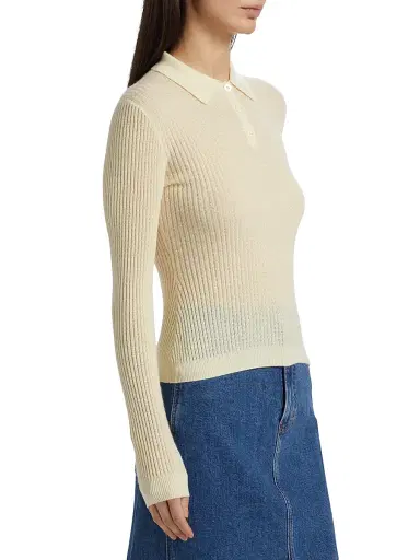 Guest In Residence Women's Shrunken Cashmere Long-Sleeve Polo Shirt - Cream - Size XL | Thumbnail 4