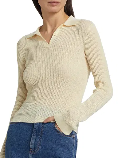 Guest In Residence Women's Shrunken Cashmere Long-Sleeve Polo Shirt - Cream - Size XL | Thumbnail 6