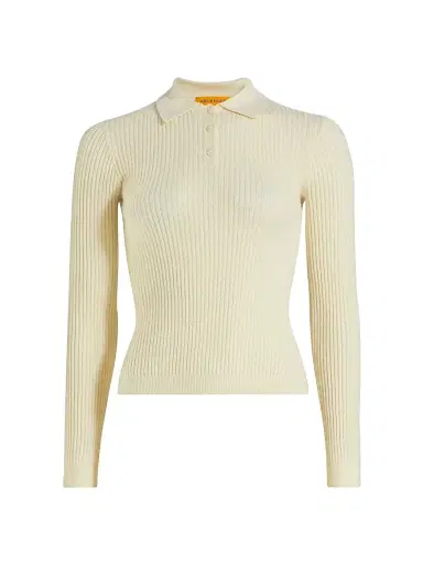 Guest In Residence Women's Shrunken Cashmere Long-Sleeve Polo Shirt - Cream - Size XL | Thumbnail 1