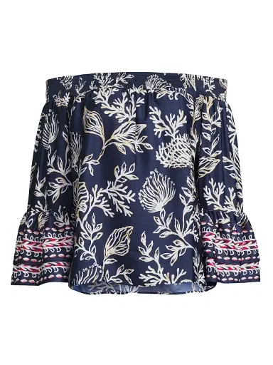 Lilly Pulitzer Women's Kaori Printed Off-the-Shoulder Top - Low Tide Navy - Size Medium | Thumbnail 1 Lilly Pulitzer Women's Kaori Printed Off-the-Shoulder Top - Low Tide Navy - Size Medium | Thumbnail 1