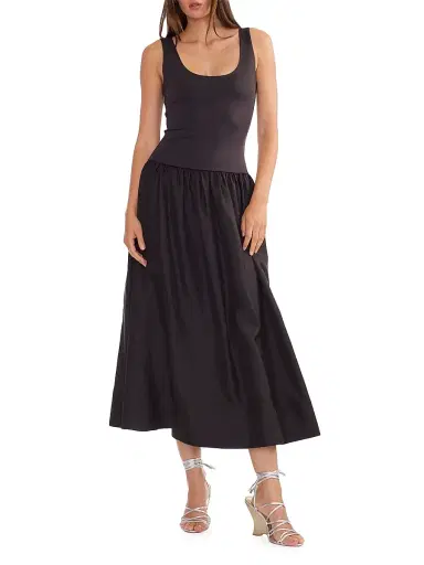 CYNTHIA ROWLEY Women's Mixed Media Dropwaist A-Line Midi-Dress - Black - Size Medium | Thumbnail 1 CYNTHIA ROWLEY Women's Mixed Media Dropwaist A-Line Midi-Dress - Black - Size Medium | Thumbnail 1