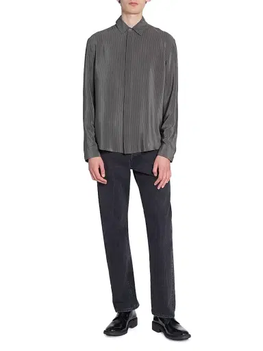 Saint Laurent Men's Cassandre Shirt in Striped Silk - Anthracite | Thumbnail 3 Saint Laurent Men's Cassandre Shirt in Striped Silk - Anthracite | Thumbnail 3