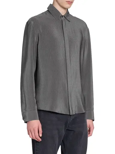 Saint Laurent Men's Cassandre Shirt in Striped Silk - Anthracite | Thumbnail 4 Saint Laurent Men's Cassandre Shirt in Striped Silk - Anthracite | Thumbnail 4