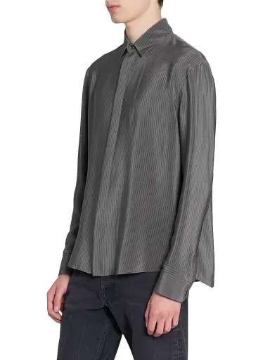 Saint Laurent Men's Cassandre Shirt in Striped Silk - Anthracite | Thumbnail 5 Saint Laurent Men's Cassandre Shirt in Striped Silk - Anthracite | Thumbnail 5