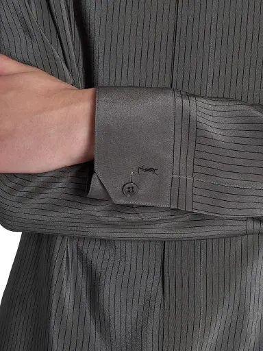 Saint Laurent Men's Cassandre Shirt in Striped Silk - Anthracite | Thumbnail 7 Saint Laurent Men's Cassandre Shirt in Striped Silk - Anthracite | Thumbnail 7