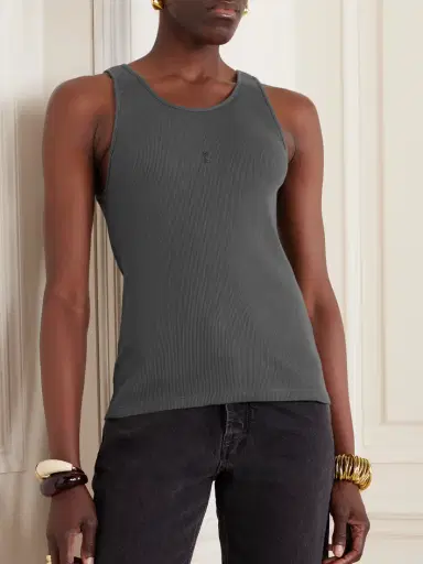 Saint Laurent Cassandre Embroidered Ribbed Cotton-jersey Tank | Thumbnail 3 Saint Laurent Cassandre Embroidered Ribbed Cotton-jersey Tank | Thumbnail 3
